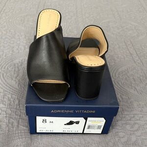 Adrienne Vittadini Black Leather Open-Toe Block Heel Mules